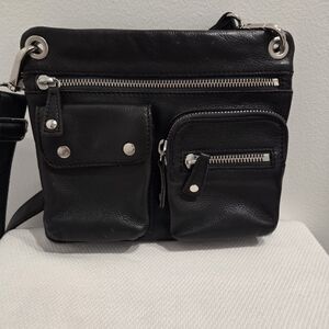 Fossil Black Leather Crossbody Bag with Silver Hardware